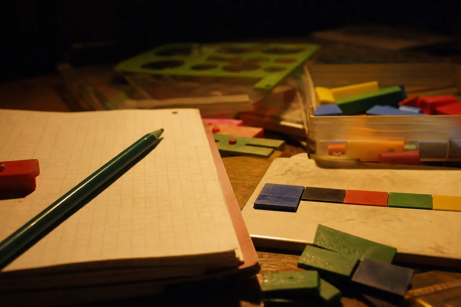 Un enfant de CE1 travaille à une table avec des cubes de comptage, une règle, un cahier et des crayons.